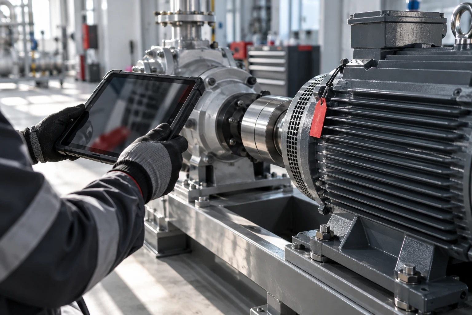 Illustrative maintenance technician reviewing industrial equipment